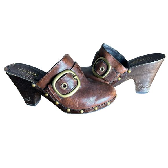 Coach‎ Ileen Heel Clogs 7.5M Studded Leather Brass Buckle Wooden Mules Brown - Picture 1 of 11